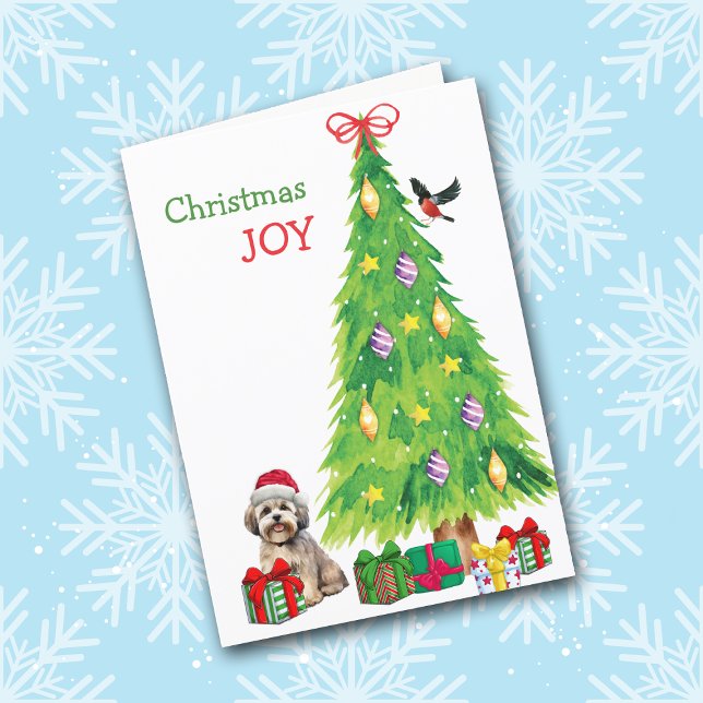 Lhasa Apso Dog, Bird and Christmas Tree Holiday Card (Creator Uploaded)