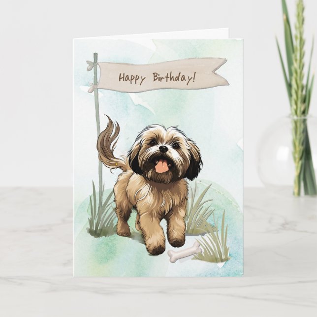 Lhasa Apso Dog Breed Outdoors Under Birthday Sign Card (Front)