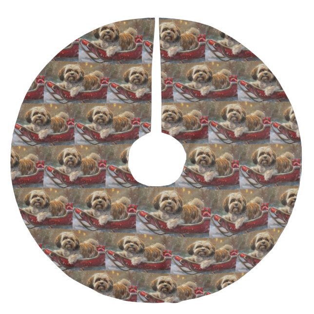 Lhasa Apso Dog Christmas Festive Brushed Polyester Tree Skirt (Front)