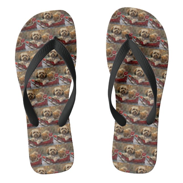 Lhasa Apso Dog Christmas Festive Flip Flops (Footbed)