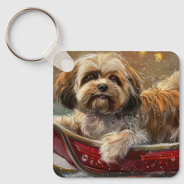 Lhasa Apso Dog Christmas Festive Key Ring (Front)