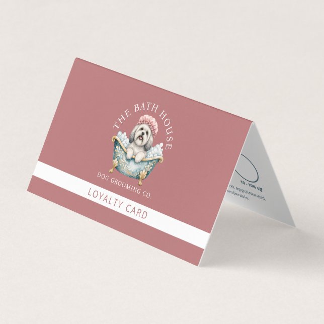 Lhasa Apso Dog Grooming Folded Loyalty Card - Pink (Front)