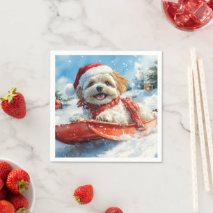 Lhasa Apso Dog in Sledge Let it Snow Christmas Napkin