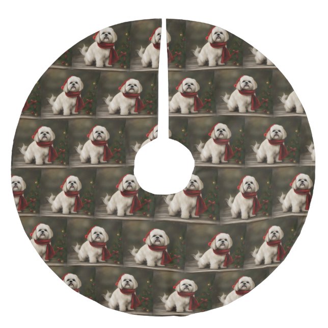 Lhasa Apso Dog in Snow Christmas Brushed Polyester Tree Skirt (Front)