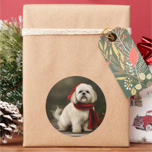 Lhasa Apso Dog in Snow Christmas Classic Round Sticker