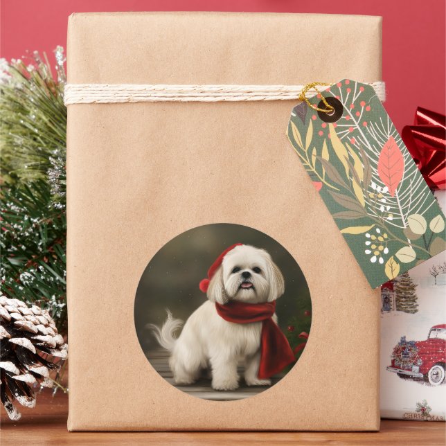 Lhasa Apso Dog in Snow Christmas Classic Round Sticker (Holiday)