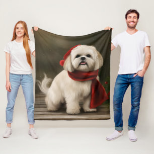 Lhasa Apso Dog in Snow Christmas Fleece Blanket