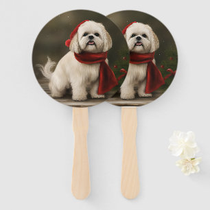 Lhasa Apso Dog in Snow Christmas Hand Fan