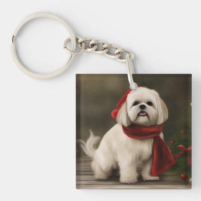 Lhasa Apso Dog in Snow Christmas Key Ring (Front)