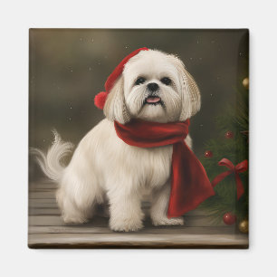 Lhasa Apso Dog in Snow Christmas Magnet