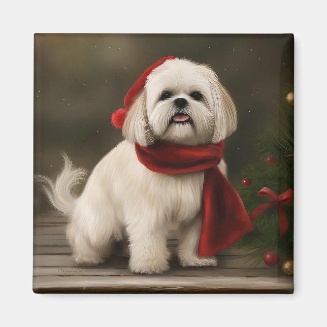 Lhasa Apso Dog in Snow Christmas Magnet (Front)