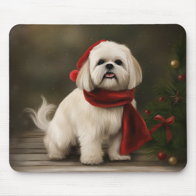 Lhasa Apso Dog in Snow Christmas Mouse Mat (Front)