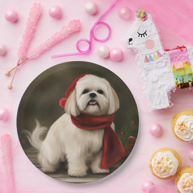 Lhasa Apso Dog in Snow Christmas Paper Plate (Party)