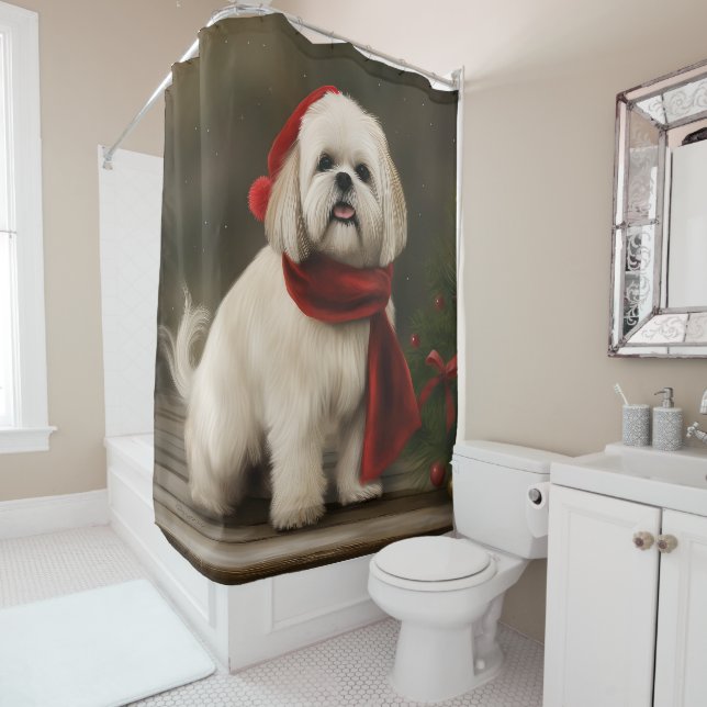 Lhasa Apso Dog in Snow Christmas Shower Curtain (In Situ)