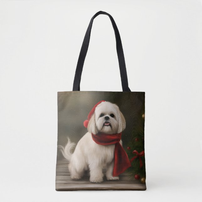 Lhasa Apso Dog in Snow Christmas Tote Bag (Front)