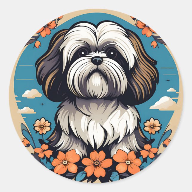 Lhasa Apso Dog Portrait With Flowers Classic Round Sticker (Front)