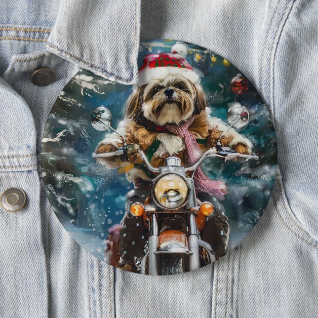 Lhasa Apso Dog Riding Motorcycle Christmas  6 Cm Round Badge (In Situ)
