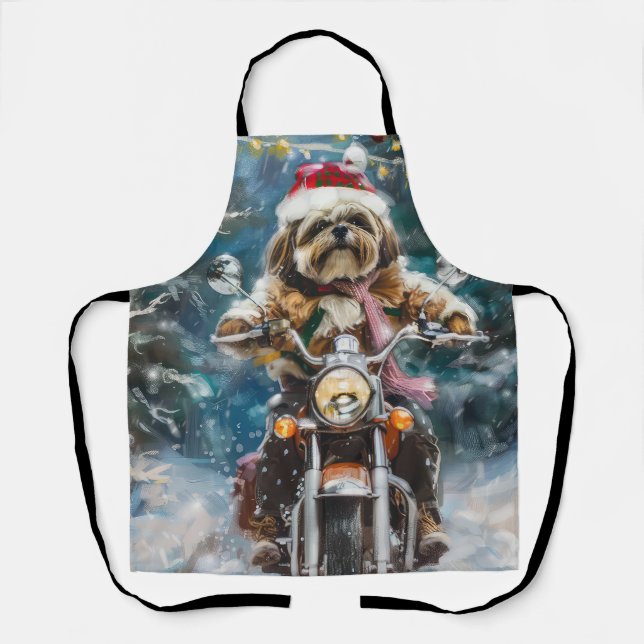 Lhasa Apso Dog Riding Motorcycle Christmas  Apron (Front)
