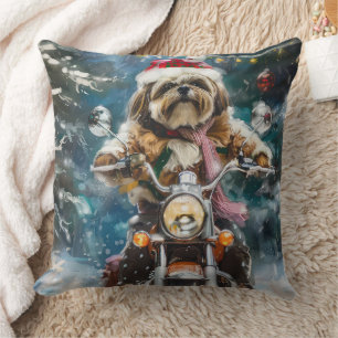 Lhasa Apso Dog Riding Motorcycle Christmas  Cushion