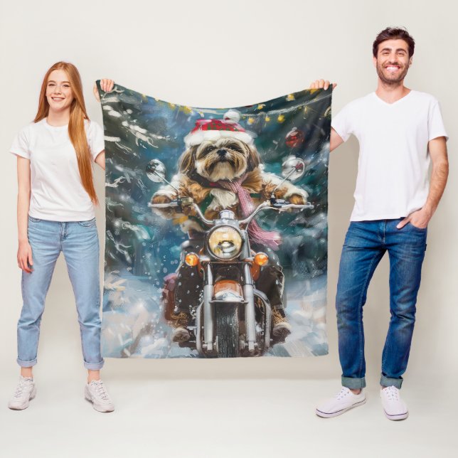 Lhasa Apso Dog Riding Motorcycle Christmas  Fleece Blanket (In Situ)
