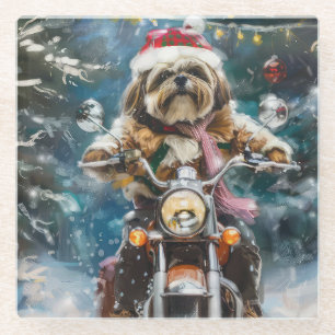 Lhasa Apso Dog Riding Motorcycle Christmas  Glass Coaster