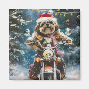 Lhasa Apso Dog Riding Motorcycle Christmas  Magnet