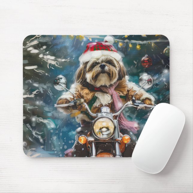 Lhasa Apso Dog Riding Motorcycle Christmas  Mouse Mat (With Mouse)