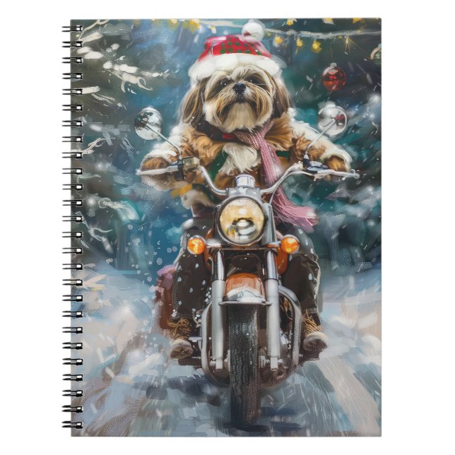 Lhasa Apso Dog Riding Motorcycle Christmas  Notebook (Front)