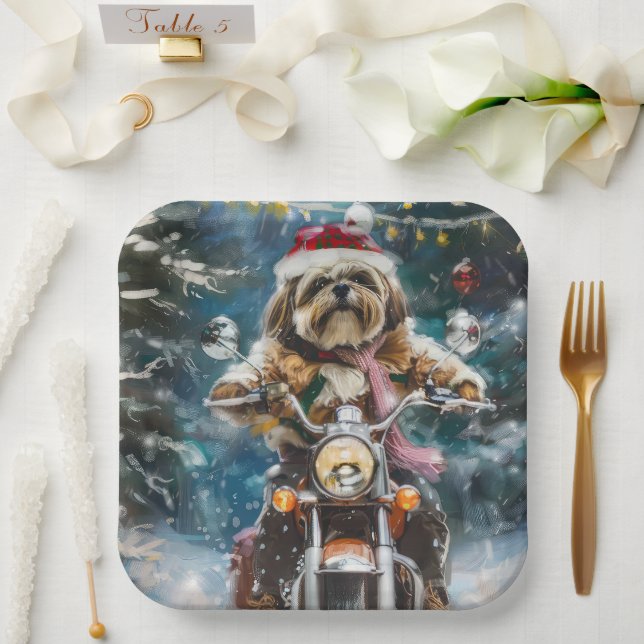Lhasa Apso Dog Riding Motorcycle Christmas  Paper Plate (Wedding)