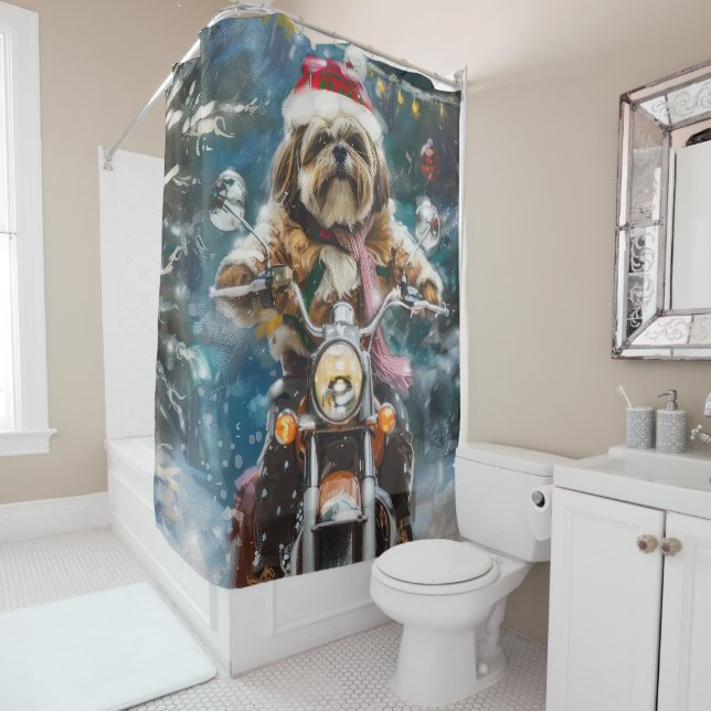 Lhasa Apso Dog Riding Motorcycle Christmas  Shower Curtain (In Situ)