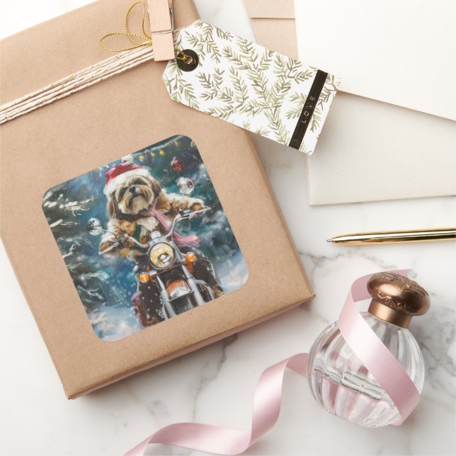 Lhasa Apso Dog Riding Motorcycle Christmas  Square Sticker (Gifting)