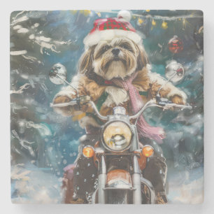 Lhasa Apso Dog Riding Motorcycle Christmas  Stone Coaster