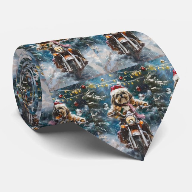 Lhasa Apso Dog Riding Motorcycle Christmas  Tie (Rolled)