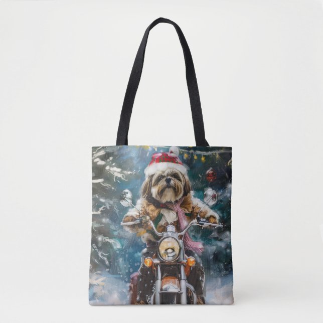 Lhasa Apso Dog Riding Motorcycle Christmas  Tote Bag (Front)
