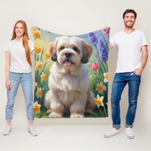 Lhasa Apso Dog Spring Flowers Painting  Fleece Blanket