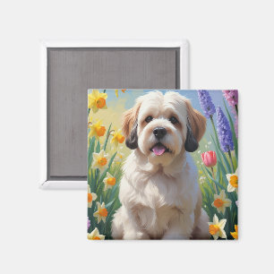 Lhasa Apso Dog Spring Flowers Painting  Magnet