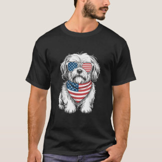Lhasa Apso Dog USA Flag Sunglasses Patriotic T-Shirt