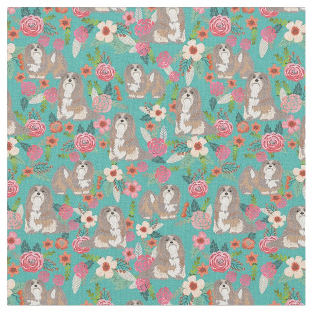 Lhasa Apso dog vintage florals turquoise Fabric (Close Up)