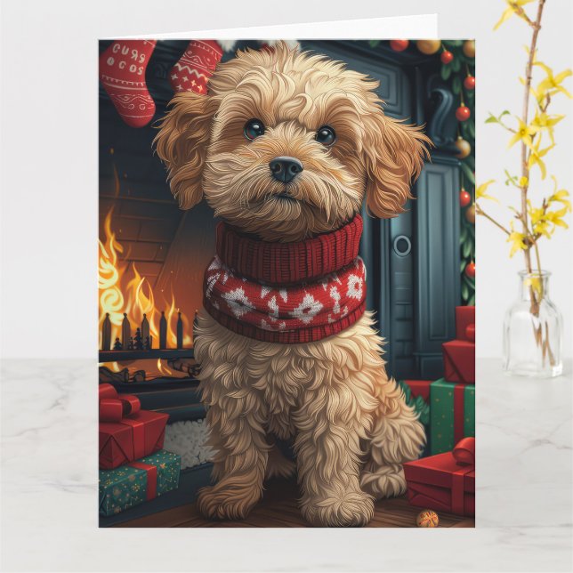 Lhasa Apso Dog With Christmas Gifts Fireplace Card (Yellow Flower)