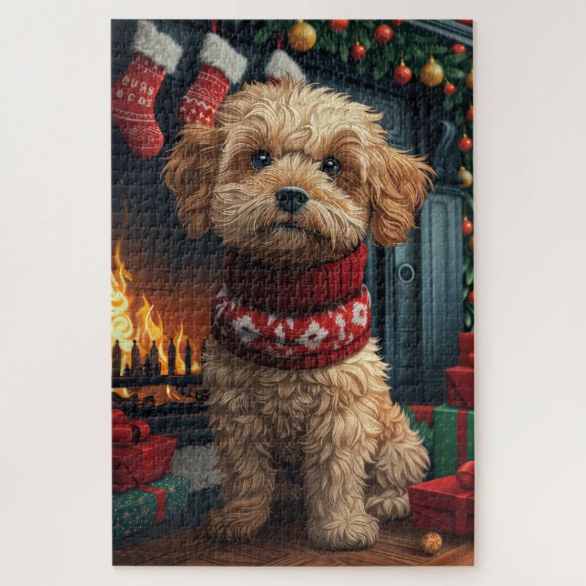 Lhasa Apso Dog With Christmas Gifts Fireplace Jigsaw Puzzle (Vertical)