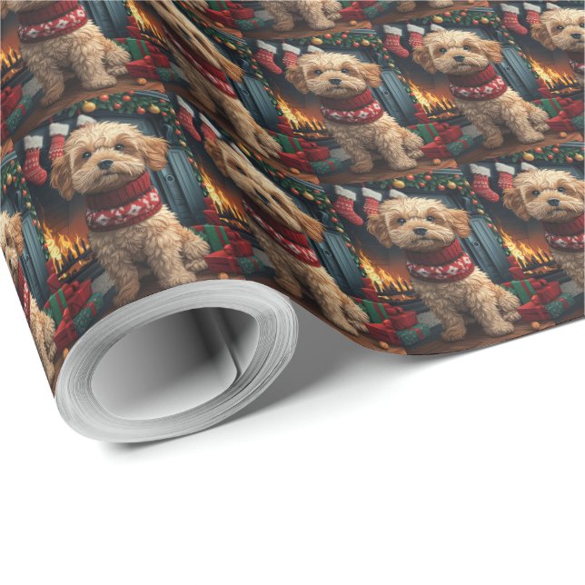 Lhasa Apso Dog With Christmas Gifts Fireplace Wrapping Paper (Roll Corner)