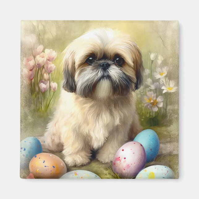 Lhasa Apso Dog with Easter Eggs Holiday  Magnet (Front)