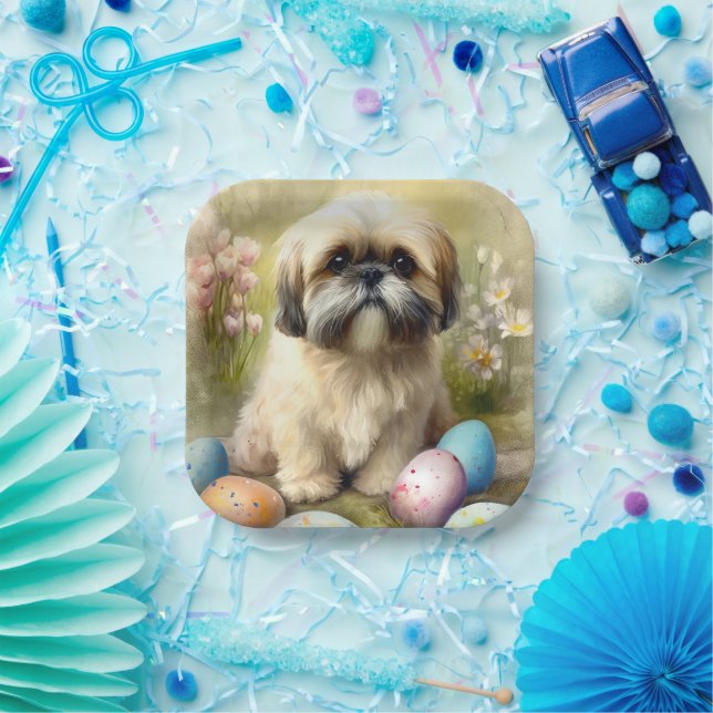 Lhasa Apso Dog with Easter Eggs Holiday  Paper Plate (Party)