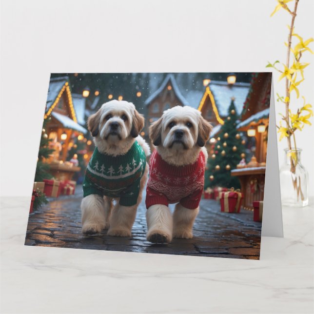 Lhasa Apso Dogs Christmas Snow Holiday Card (Yellow Flower)