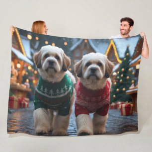 Lhasa Apso Dogs Christmas Snow Holiday Fleece Blanket