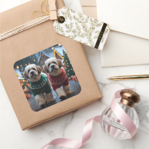 Lhasa Apso Dogs Christmas Snow Holiday Square Sticker