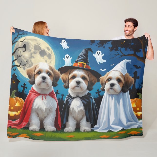 Lhasa Apso Dogs Pumpkin Halloween Funny  Fleece Blanket (In Situ)