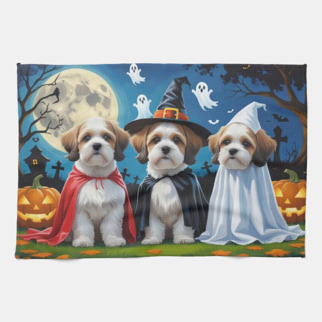 Lhasa Apso Dogs Pumpkin Halloween Funny  Tea Towel (Horizontal)