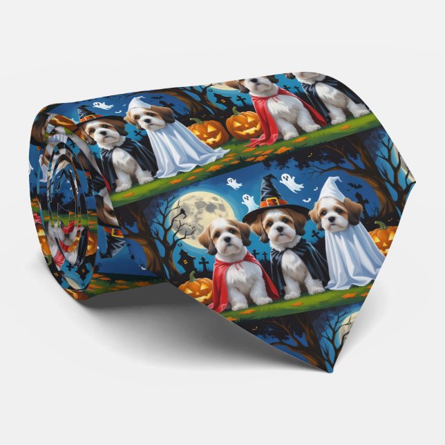 Lhasa Apso Dogs Pumpkin Halloween Funny  Tie (Rolled)