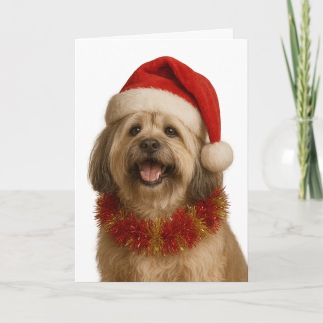 Lhasa Apso in a Santa hat Christmas card (Front)